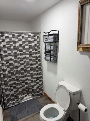 Ein Badezimmer mit Duschvorhang, Toilette, Handtuchhalter und Teppich.