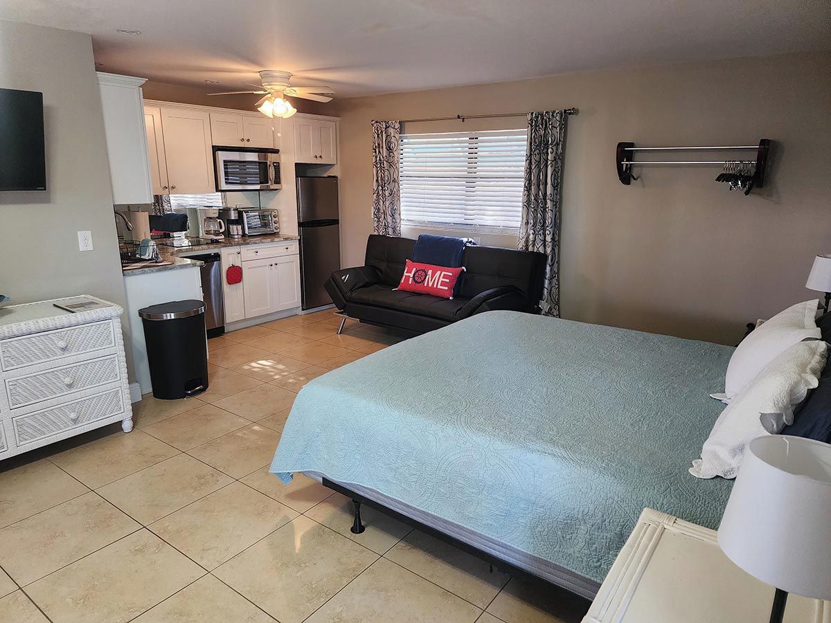 A compact room with a bed, a sofa, a small kitchenette, and a TV.