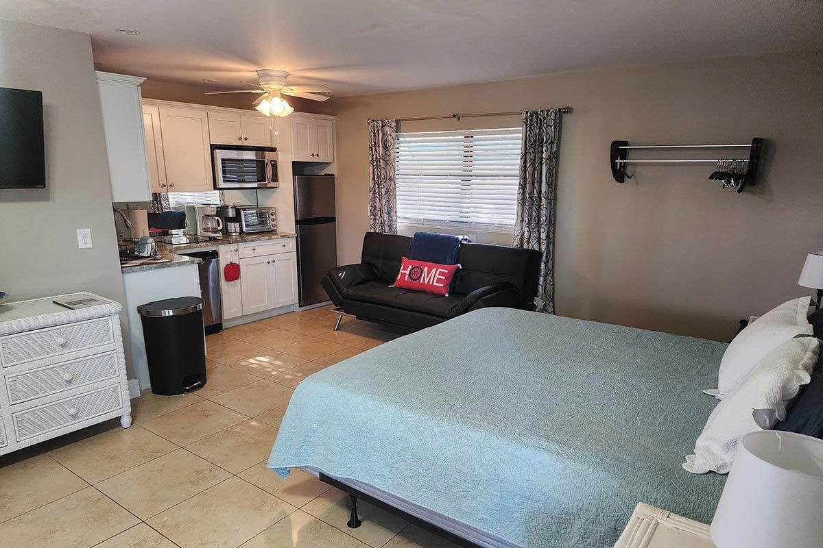 A compact room with a bed, a sofa, a small kitchenette, and a TV.