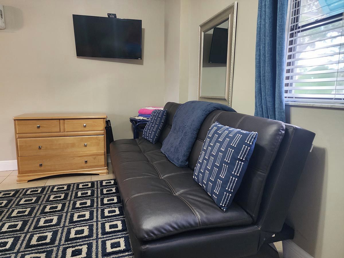 A room with a black leather sofa, a wooden dresser, a patterned rug, a television on the wall, and a window with curtains.