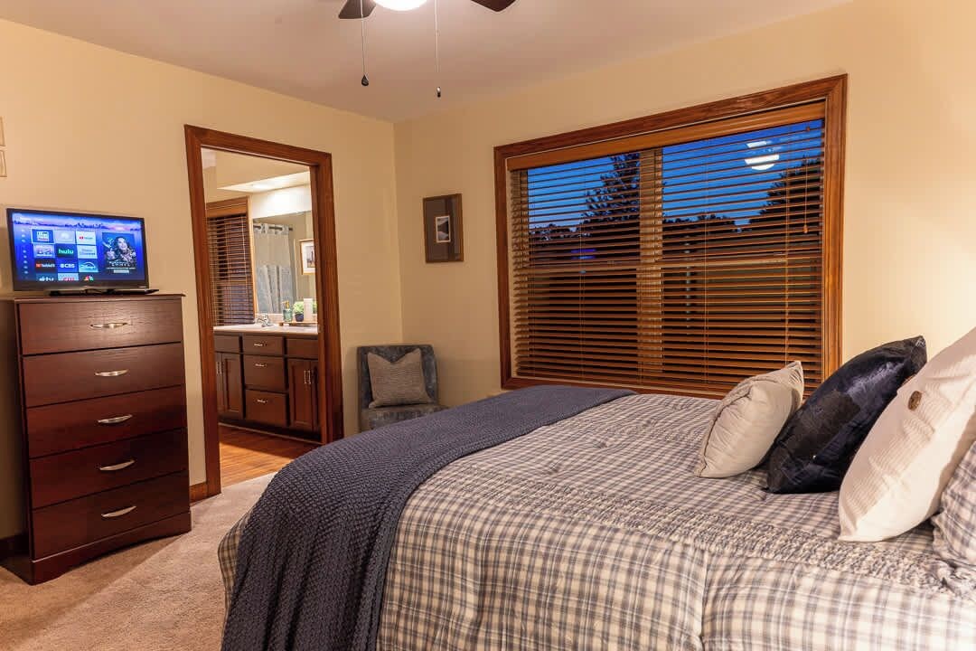 Un dormitorio con cama, cómoda, televisor y ventana con persianas.