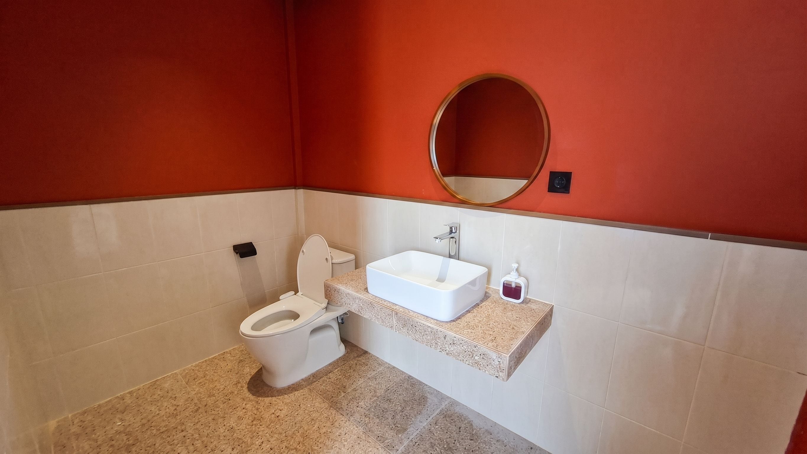 Een badkamer met toilet, wastafel en spiegel.