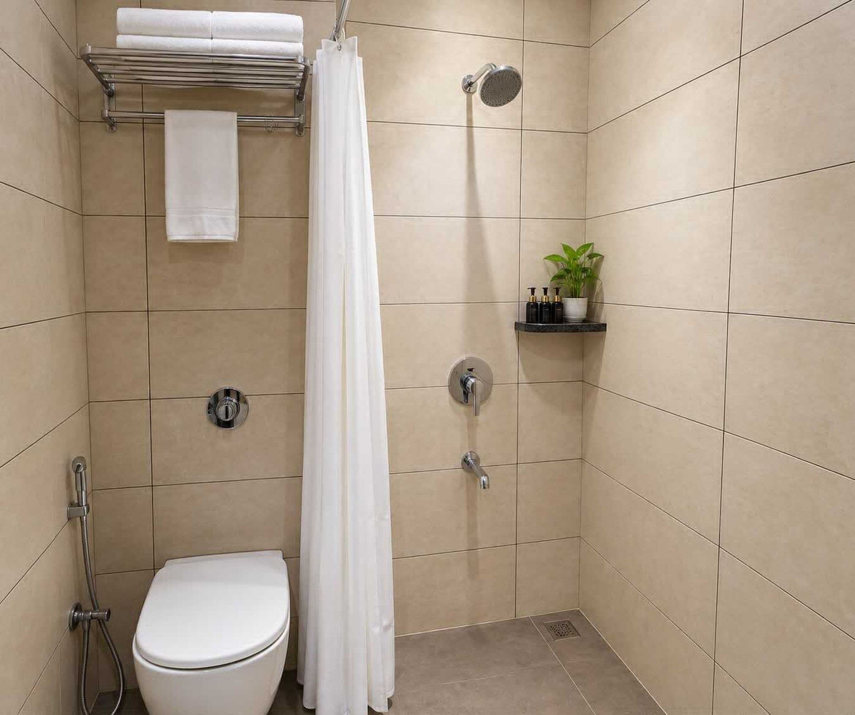Une petite salle de bain carrelée, équipée de toilettes, d’une douche et d’une étagère où sont rangés les articles de toilette.