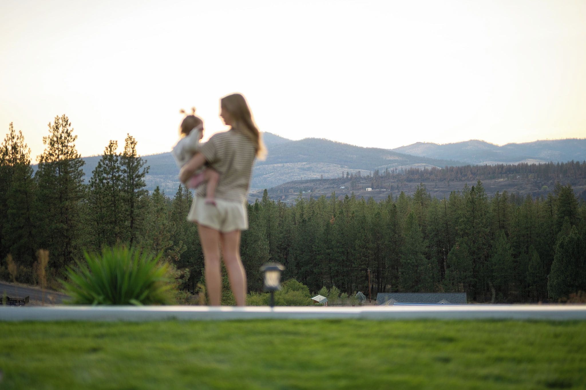A person holding a child, overlooking a forested landscape with hills in the distance.