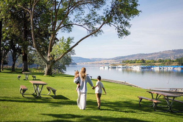 A grassy park area with picnic tables and a lake view.