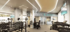 Une salle de sport moderne équipée de divers appareils d’exercice, dotée d’un grand écran et d’une enseigne indiquant « Santé et bien-être ».