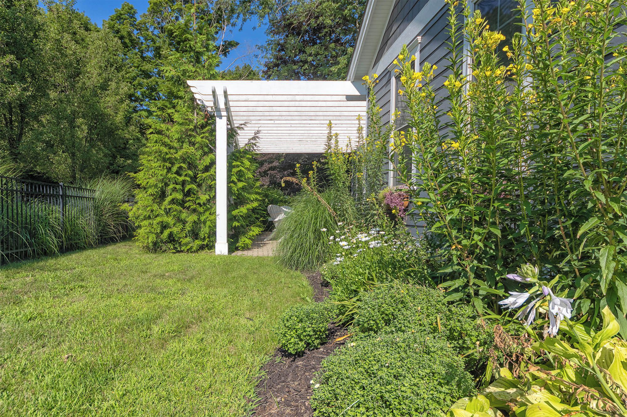 A garden with a white pergola, various plants, and a pathway leading to a house.