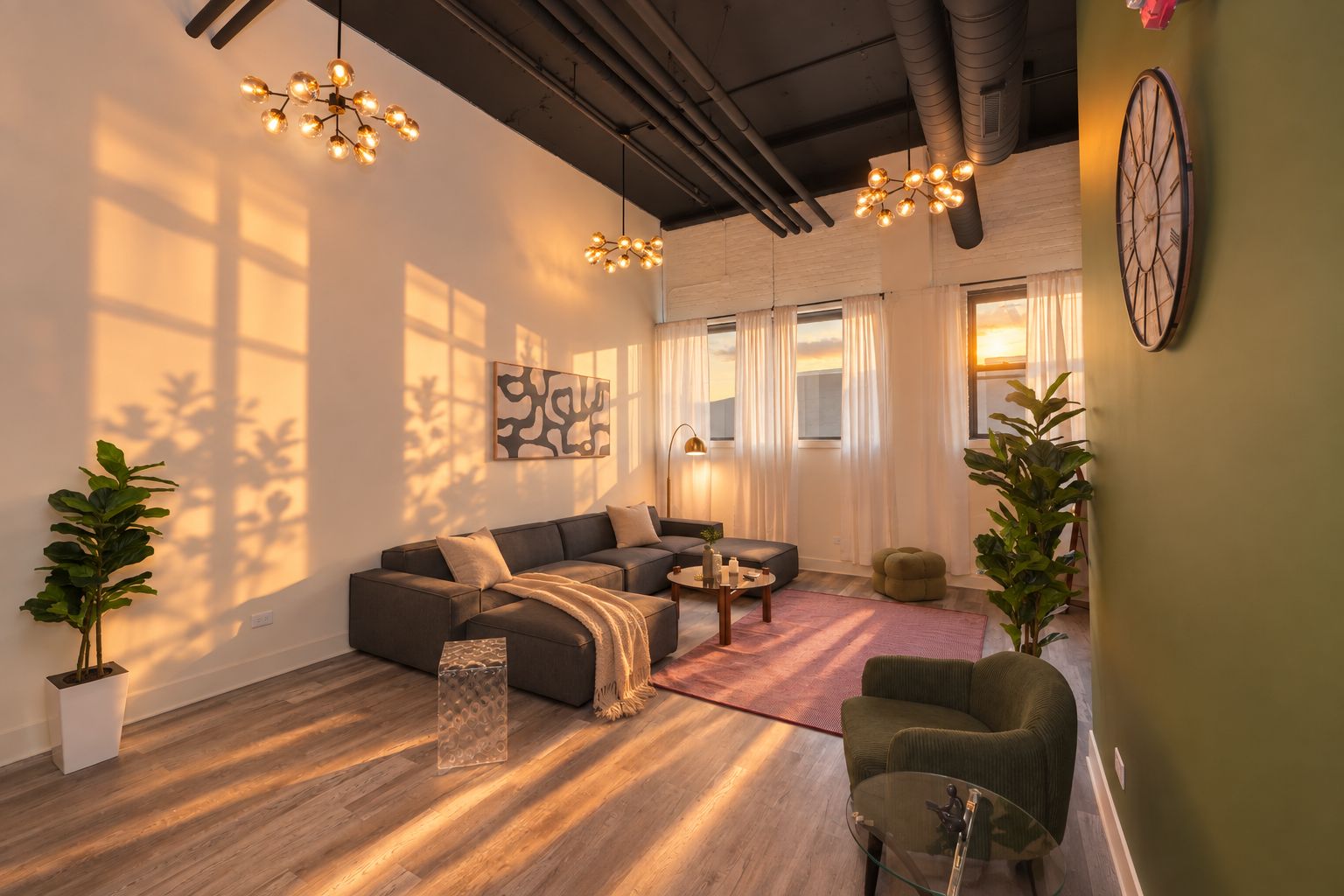 Una sala moderna con un sofá modular, una mesa de centro y una mesa redonda de vidrio. Hay dos plantas en macetas y un reloj de pared grande.