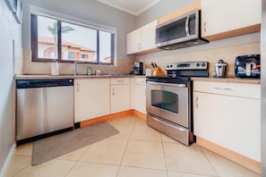 A modern kitchen with stainless steel appliances, a dishwasher, and a window with a view of buildings.