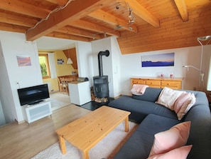 Ein gemütliches Wohnzimmer mit einer Couch, einem Holztisch, einem Fernseher und einem Kamin.