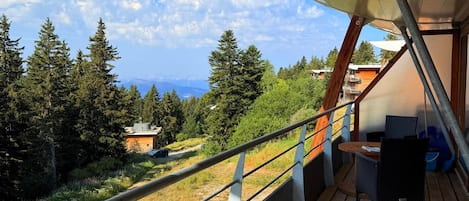 A balcony with a view of a forest and mountains, a wooden deck, and a covered seating area.