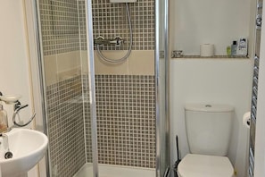 Casa de banho com chuveiro em cabine de vidro, lavatório branco e sanita.