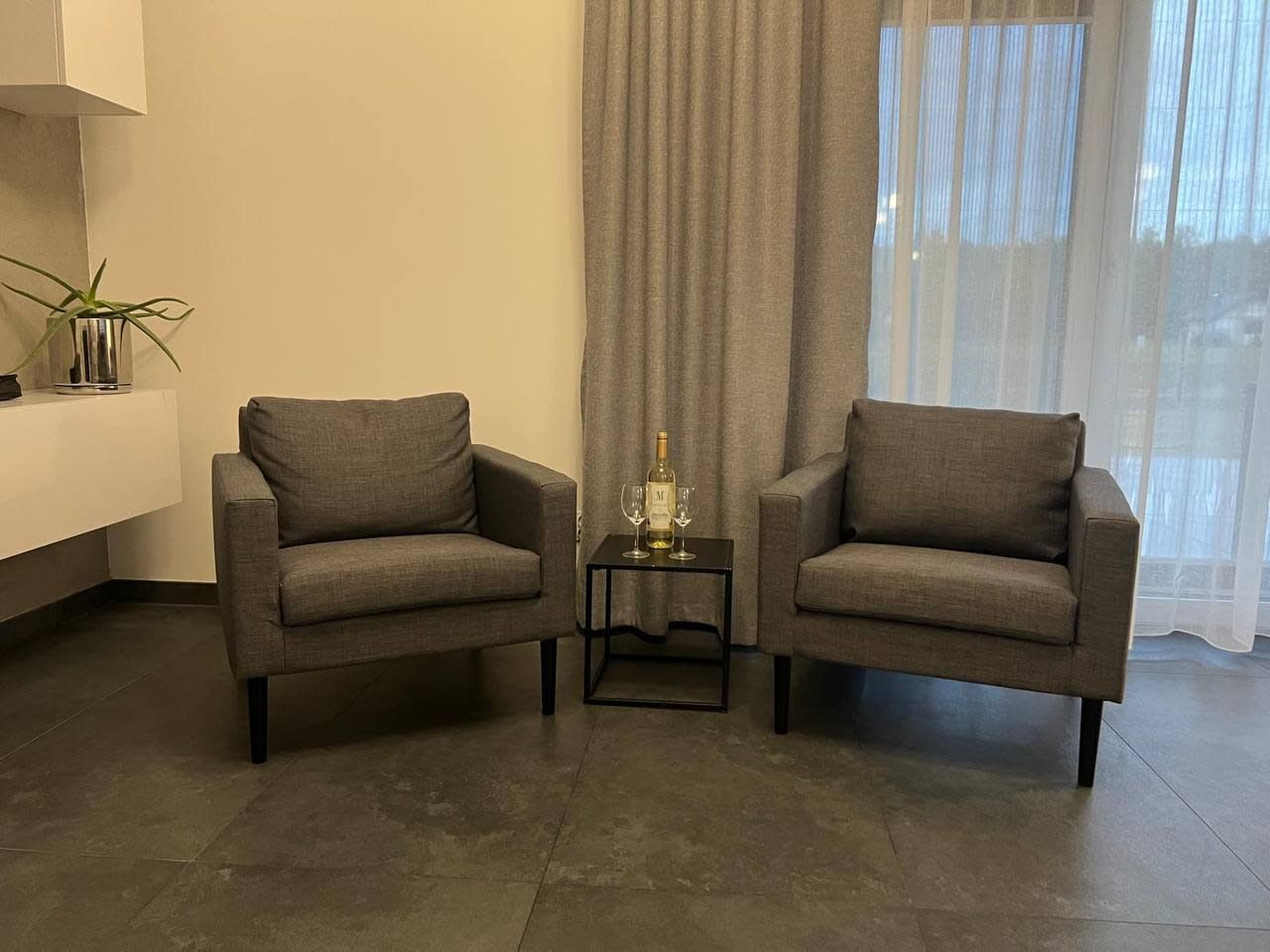 Une pièce avec deux fauteuils, une petite table sur laquelle se trouvent une bouteille et des verres, et une plante en pot.