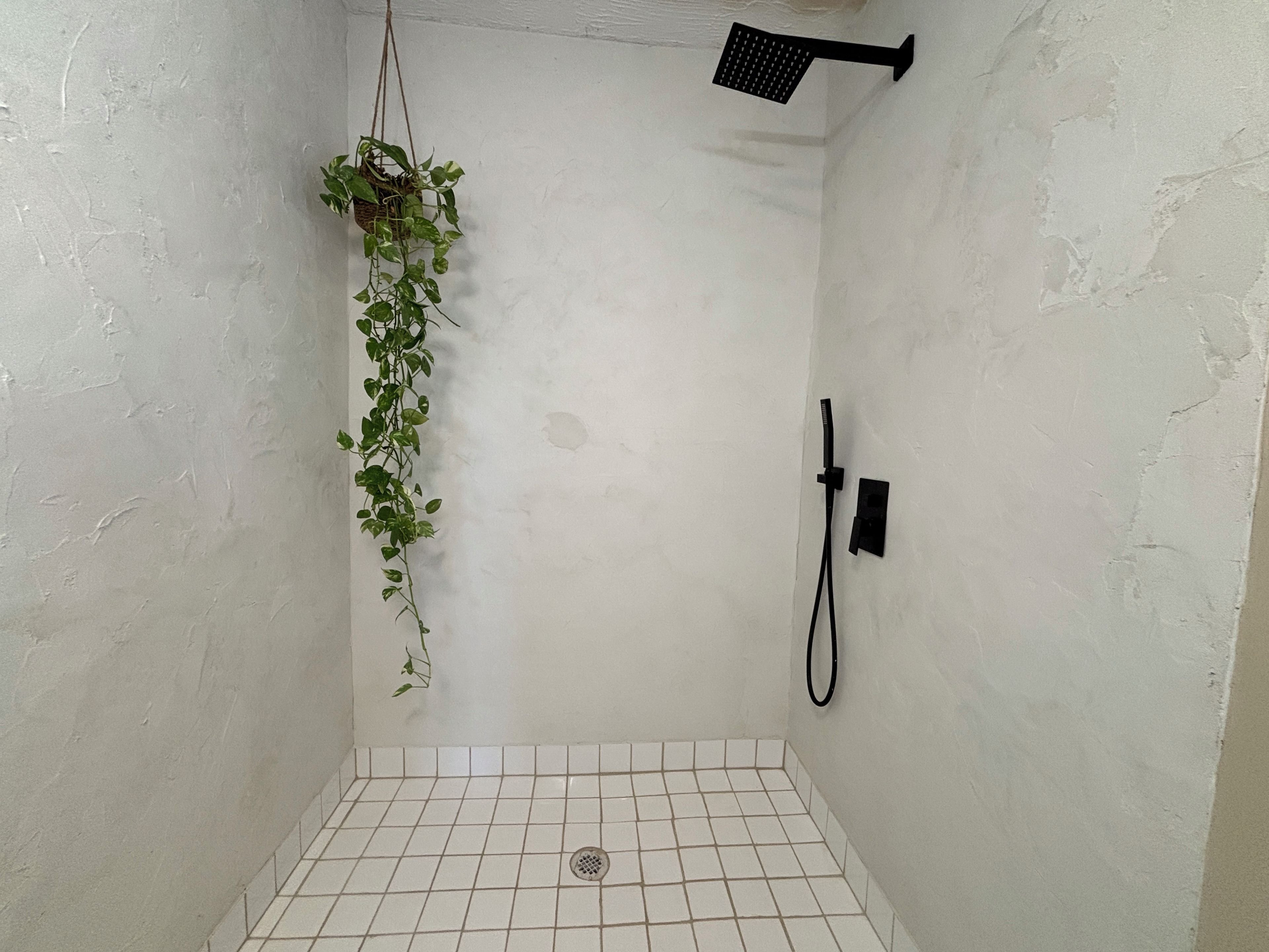 Een douchegedeelte met een betegelde vloer, een hangplant en een handdouche.