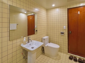 Un baño con lavamanos, inodoro y espejo. Hay pantuflas en el suelo.