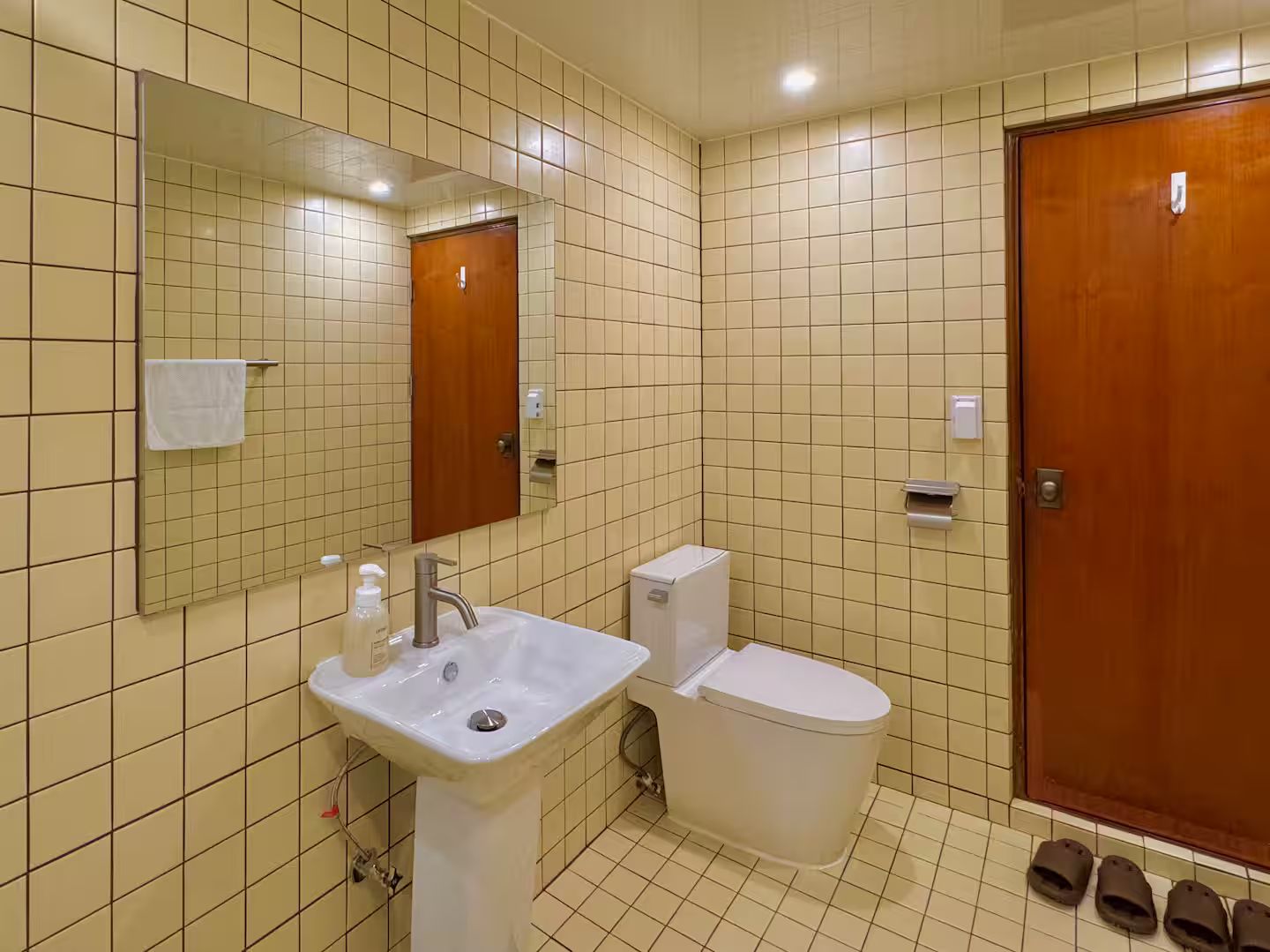 Une salle de bain avec un lavabo, des toilettes et un miroir.