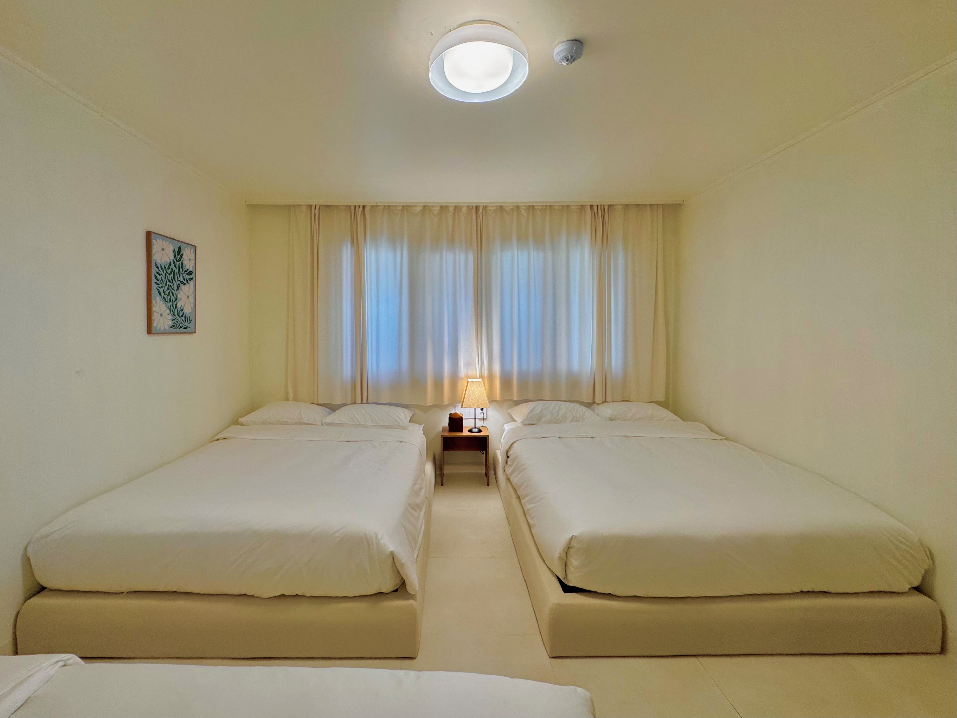 A room with two beds, a nightstand, a lamp, a ceiling light, and a window with curtains.