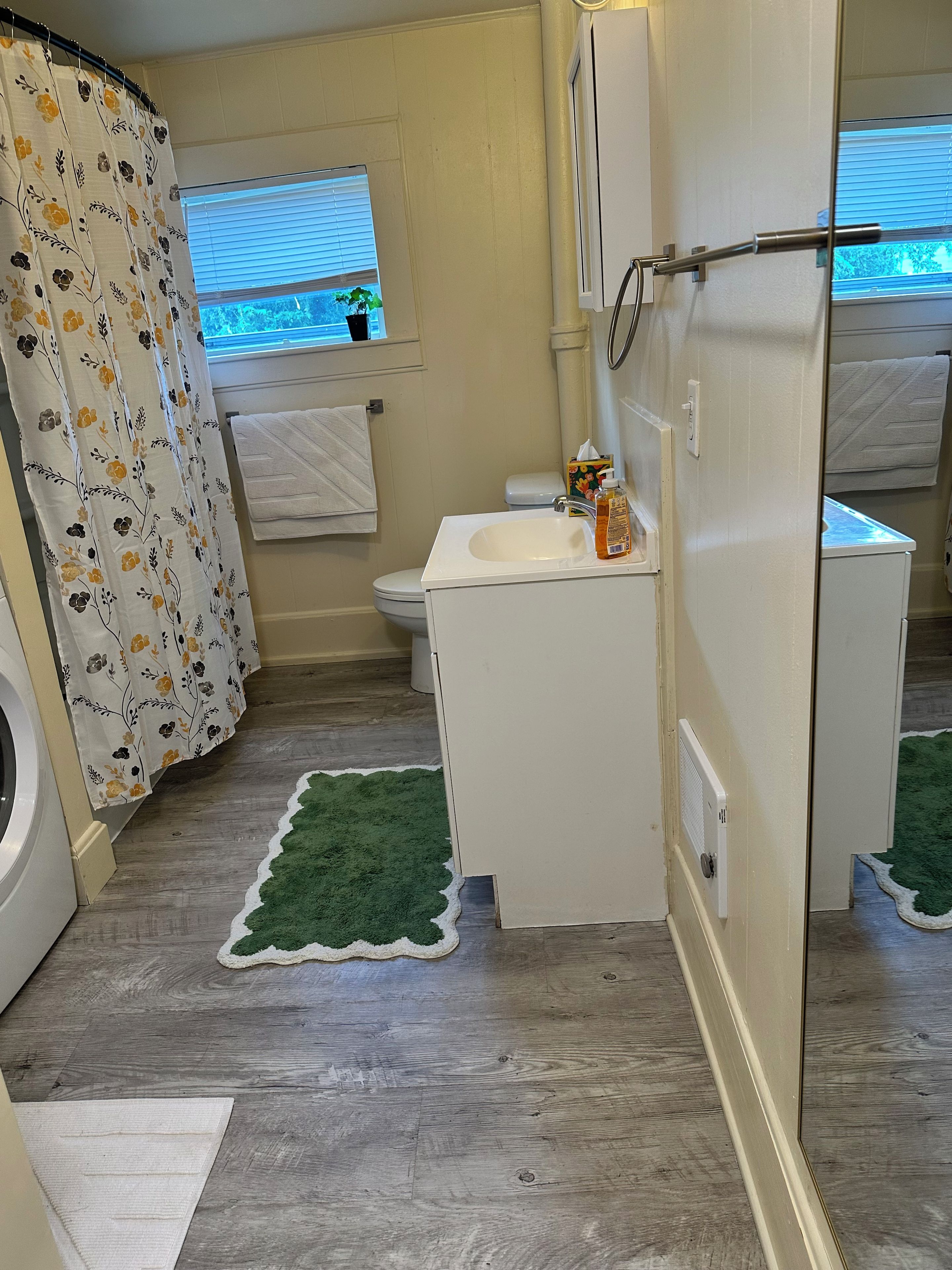 Hair dryer, towels, soap, toilet paper