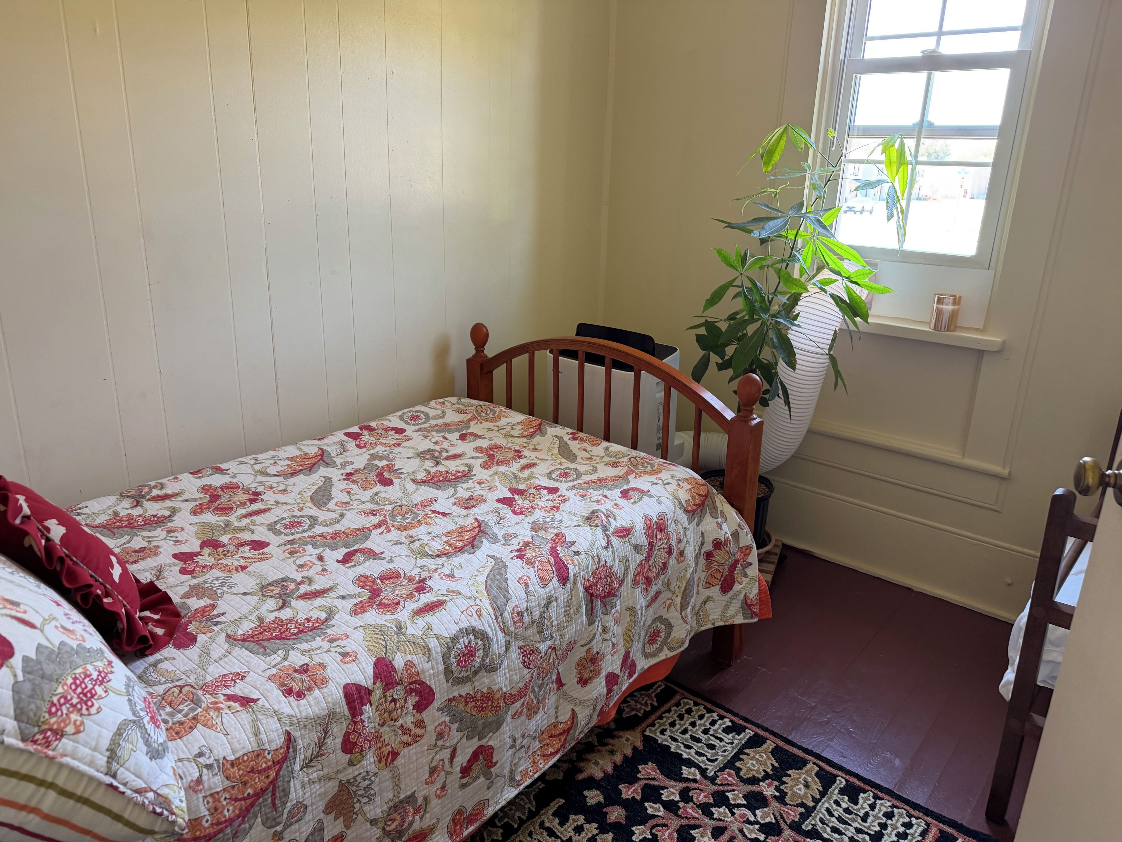 A bedroom with a single bed, a wooden headboard, a potted plant, and a window with a view.