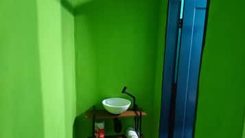 Et badeværelse med grøn væg, en hvid skål på en hylde, toiletpapir og en blå dør.