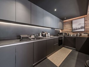 A modern kitchen with dark cabinetry, a stainless steel sink, and a wooden wall with a framed picture. - Chalet at the foot of the slopes, pets OK - 8 guests (Courchevel 1550)