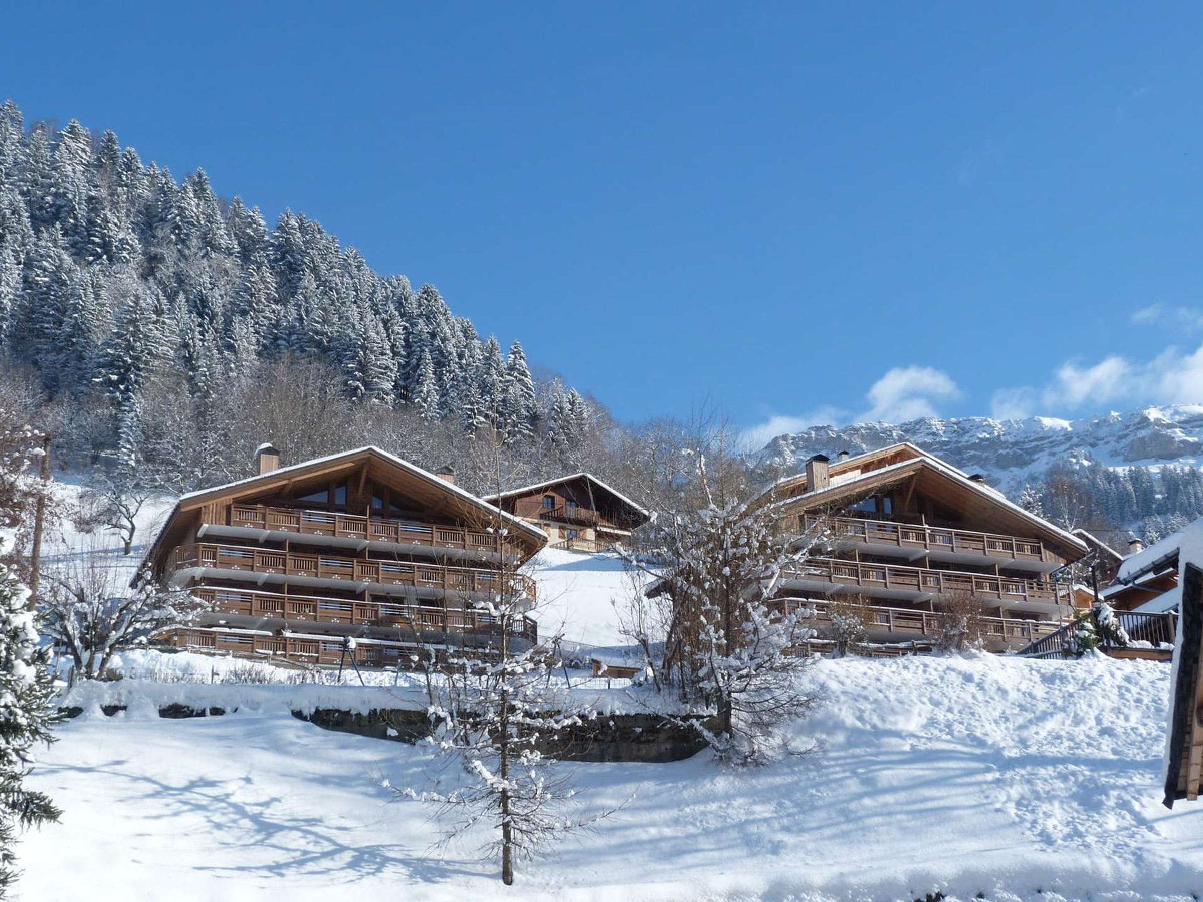 A chalet-style building with multiple balconies, surrounded by snow-covered trees and mountains.