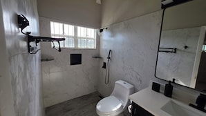 Une salle de bain équipée de toilettes, d’une douche, d’un lavabo et d’un grand miroir.