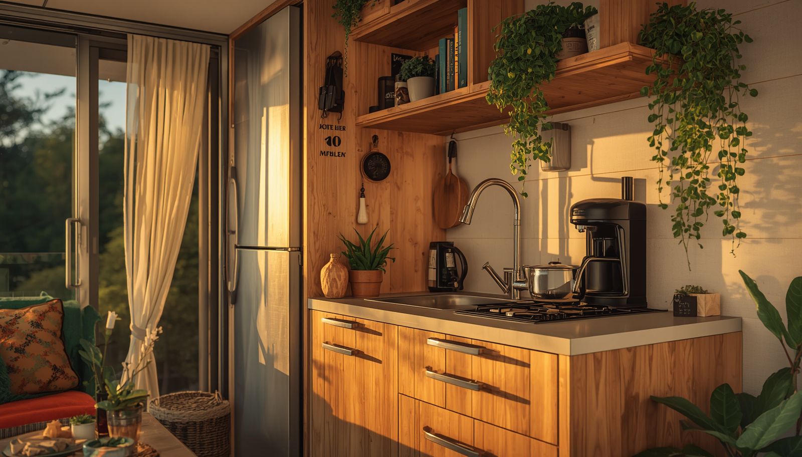 Een kleine keuken met houten kastjes, een gasfornuis, een koffiezetapparaat en een hangplant.