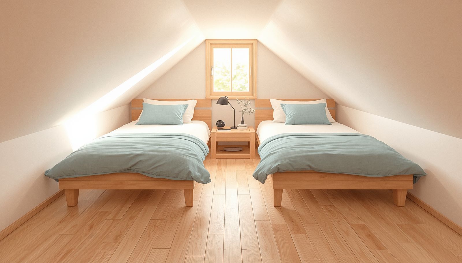 Una camera da letto con due letti singoli, un comodino con una lampada e una finestra.