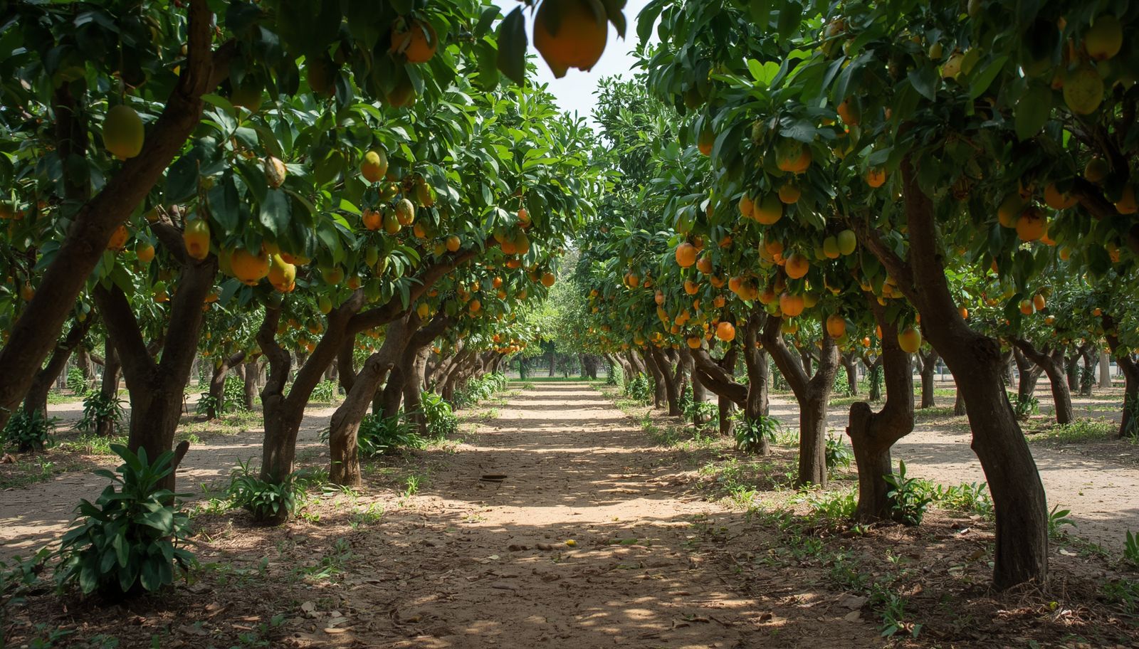 Ein von Obstbäumen gesäumter Weg, der zu einem Punkt in der Ferne führt.