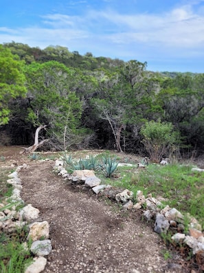 A natural landscape with a dirt path, rocks, and sparse vegetation.