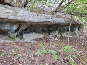 A natural rock formation with a cave-like entrance, surrounded by forest vegetation.