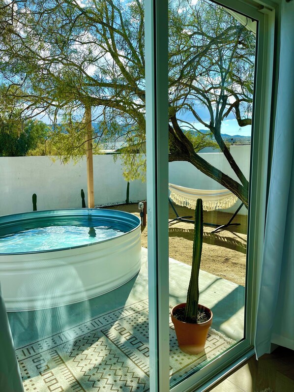 Une vue à travers une fenêtre sur une piscine, une plante en pot et un hamac.