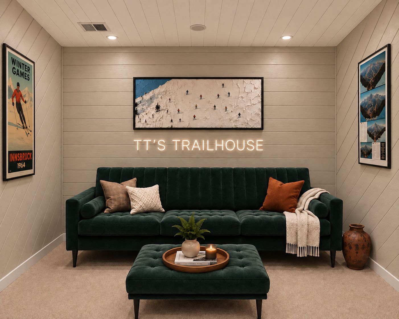 A cozy room with a green sofa, a coffee table with a plant, and a wall-mounted picture of a mountain landscape.