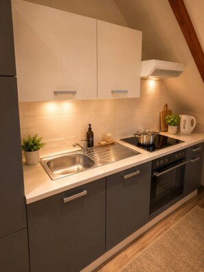 A modern kitchen with a stainless steel sink, a kettle, and a stove.