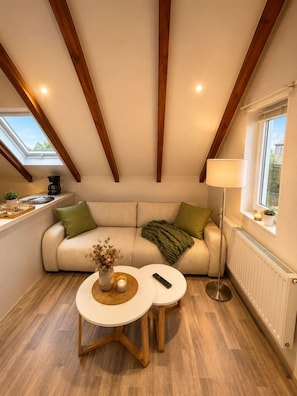 Ein gemütliches Schlafzimmer im Loft-Stil mit einer Schlafcouch, zwei kleinen Tischen, einer Lampe und einer Heizung.