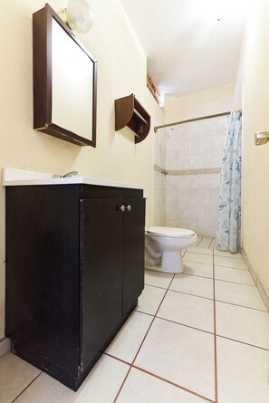 Standard-Doppelzimmer, Poolblick | Badezimmer | Dusche, Handtücher, Seife, Toilettenpapier