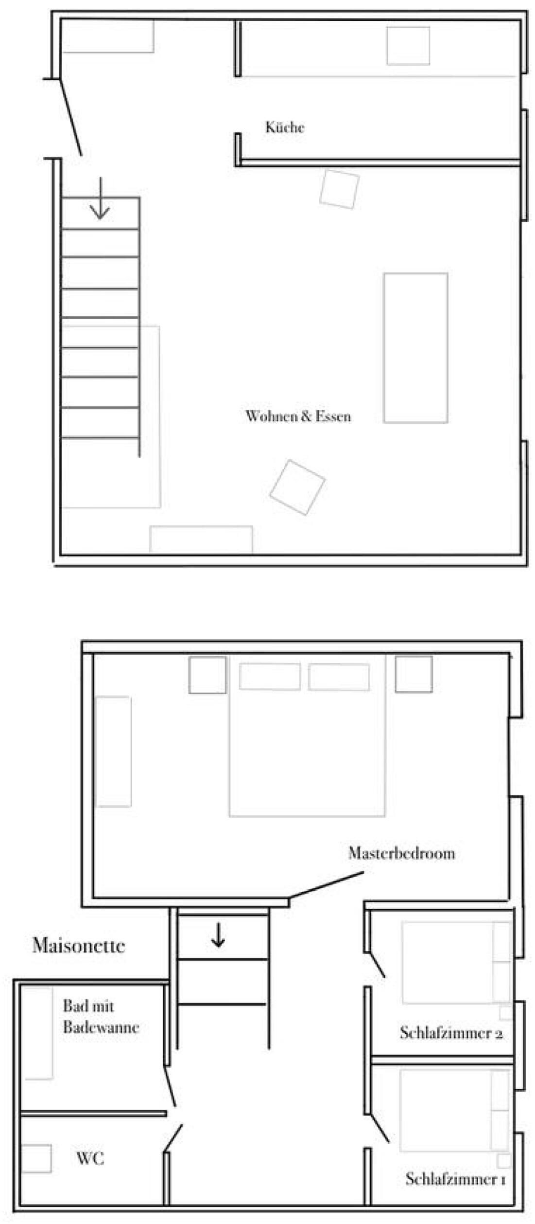 A floor plan with a kitchen, living area, master bedroom, ensuite bathroom, and WC.