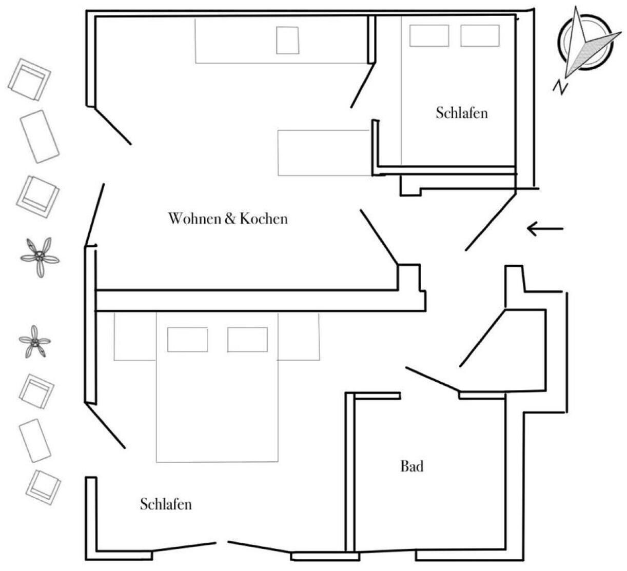 Plano de planta con áreas señaladas: zona de estar y cocina, dormitorio y baño.