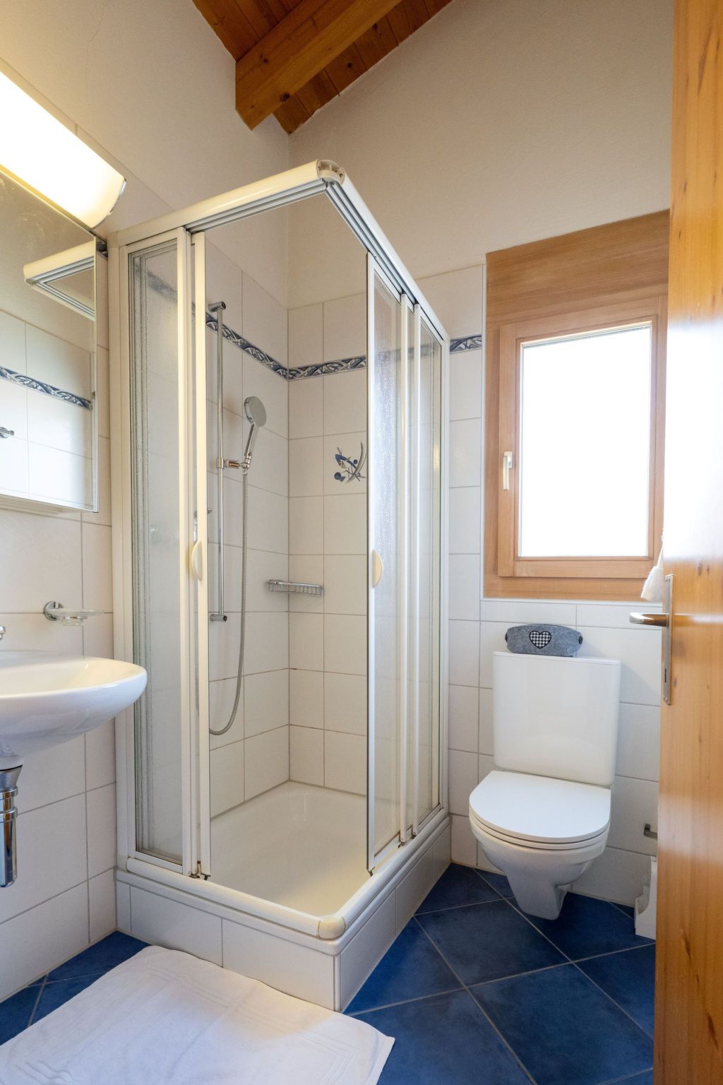 Ein Badezimmer mit einer Duschkabine, einem weißen Waschbecken und einer Toilette.