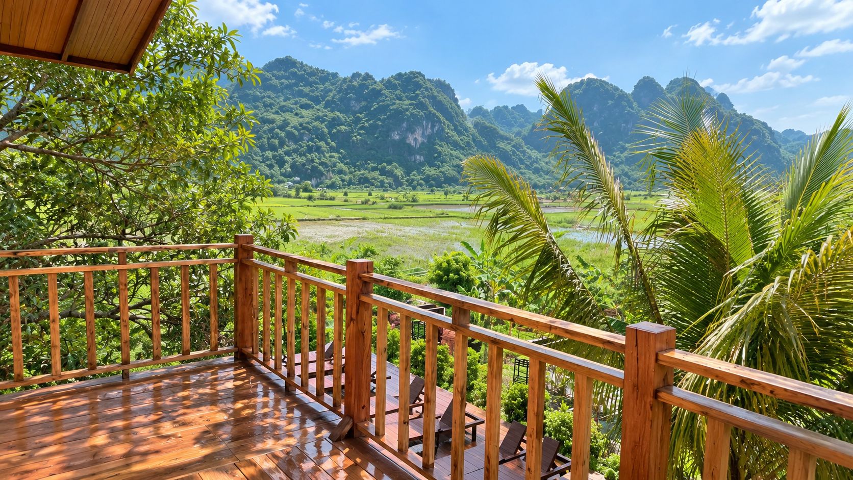 Una terraza de madera con vistas a un paisaje verde y exuberante y montañas.