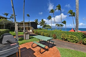 Eine Terrasse mit Picknicktisch, Grill und Blick auf den Ozean.