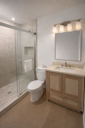 A modern bathroom with a glass-enclosed shower, a toilet, a sink with a mirror above it, and wooden cabinets. - Newly Renovated Cozy bed and private bath with AC in beautiful San Diego (San Diego)