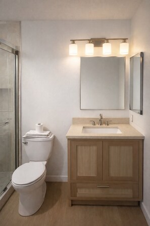A bathroom with a toilet, a sink, and a shower area. - Newly Renovated Cozy bed and private bath with AC in beautiful San Diego (San Diego)