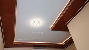 A ceiling with recessed lighting and a circular light fixture. - Omahati Syariah (Kasihan)