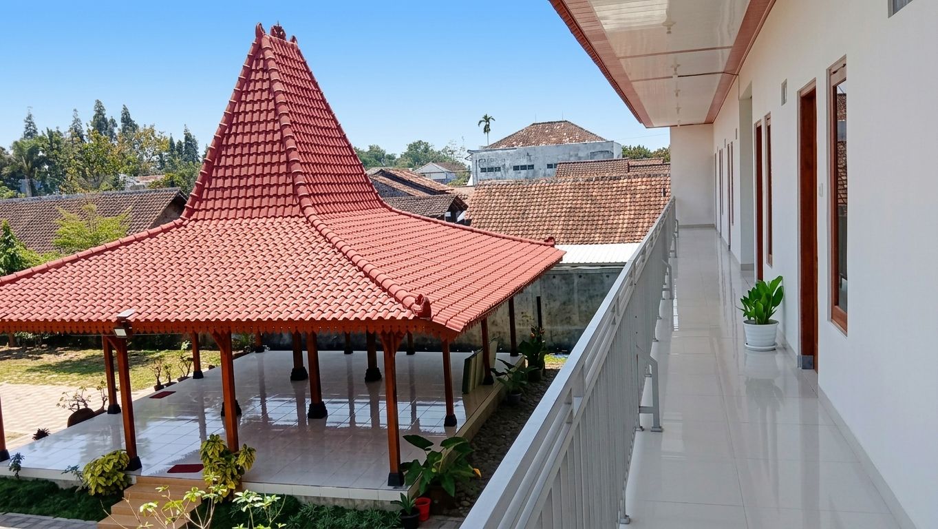 A covered outdoor area with a tiled roof, a balcony with a railing, and a potted plant.