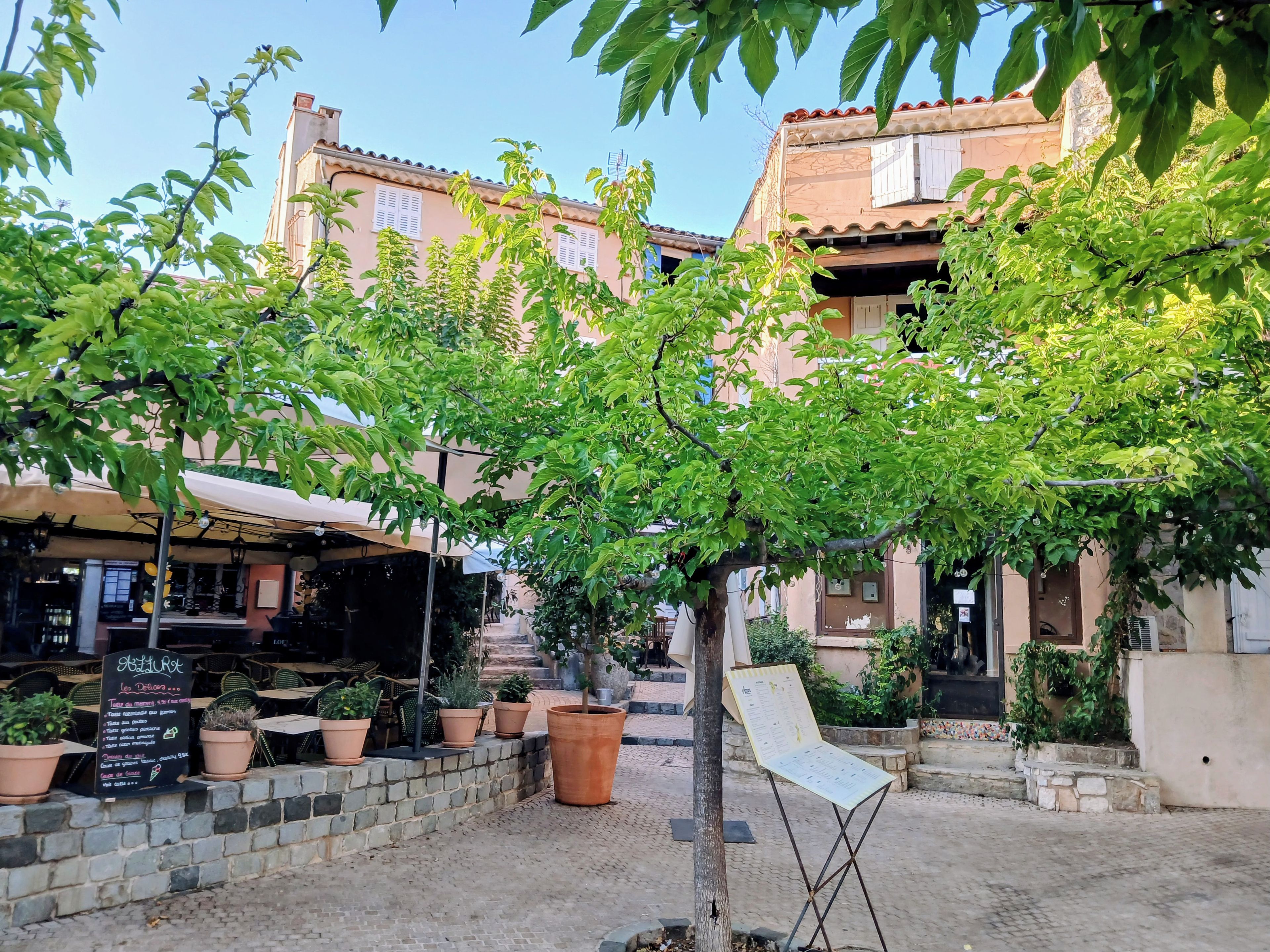 An outdoor seating area with potted plants and a menu board.