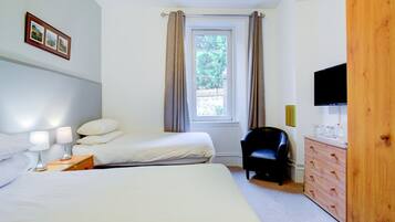 A bedroom with two beds, a chair, a dresser, and a television.