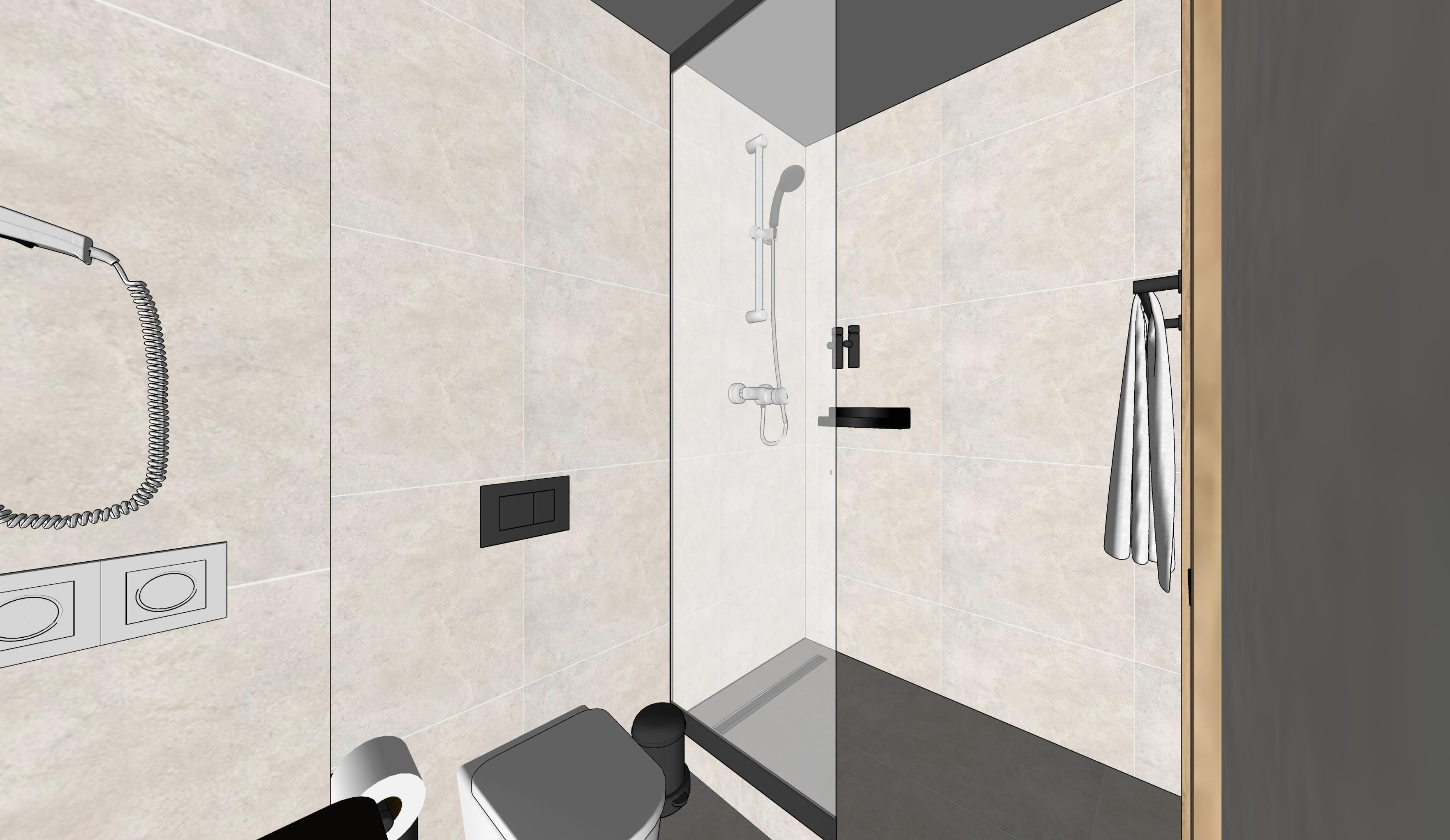 Une salle de bain moderne équipée d’une douche, de toilettes et d’un porte-serviettes.