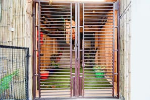 A metal gate with horizontal bars, leading to a wooden interior with visible shelves and potted plants. - Hotel O Benia Park Formerly Parv (Varanasi)